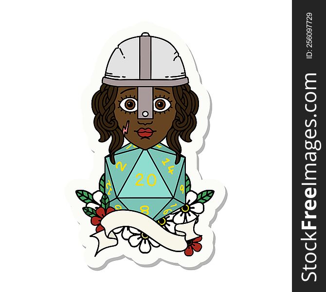 sticker of a human fighter with natural twenty dice roll. sticker of a human fighter with natural twenty dice roll