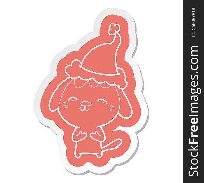 Happy Cartoon  Sticker Of A Dog Wearing Santa Hat
