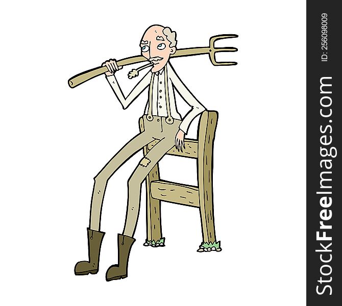 Cartoon Old Farmer Leaning On Fence