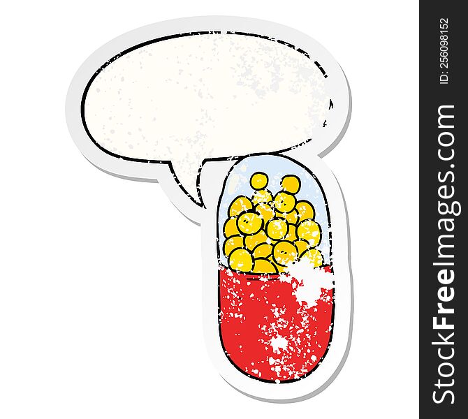 Cartoon Pill And Speech Bubble Distressed Sticker