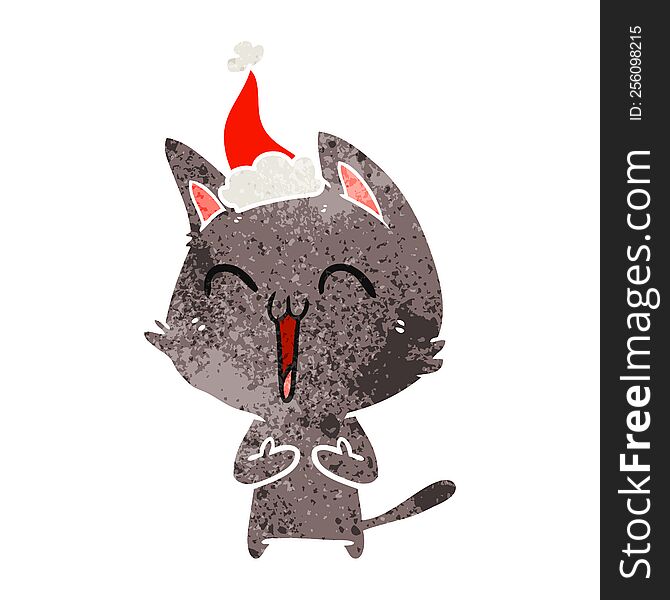 Happy Retro Cartoon Of A Cat Wearing Santa Hat