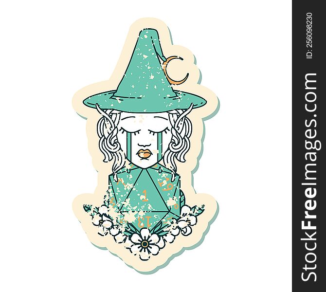 Retro Tattoo Style crying elf witch with natural one D20 roll. Retro Tattoo Style crying elf witch with natural one D20 roll