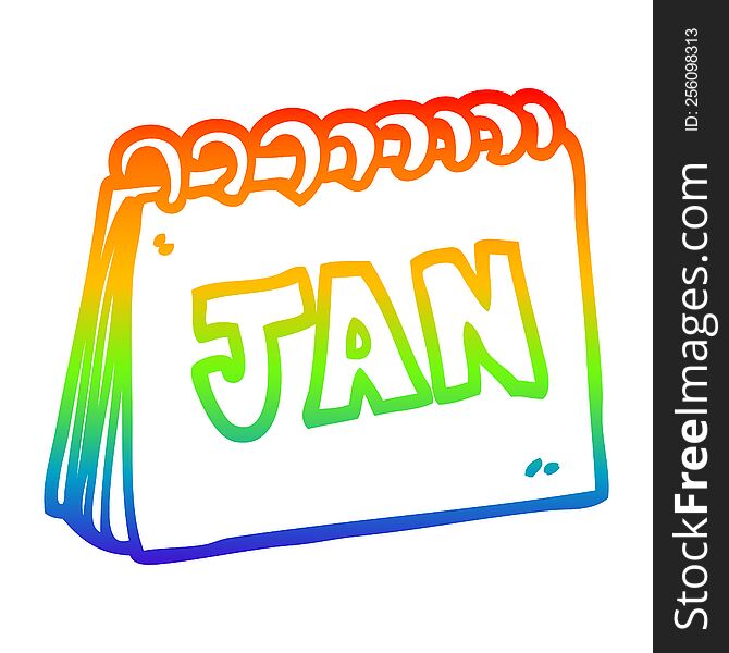 rainbow gradient line drawing of a cartoon calendar showing month of january