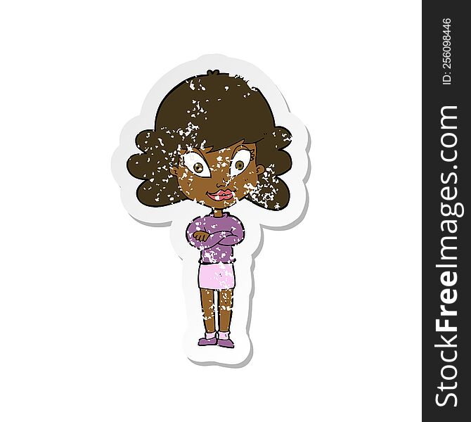 Retro Distressed Sticker Of A Cartoon Happy Woman With Folded Arms