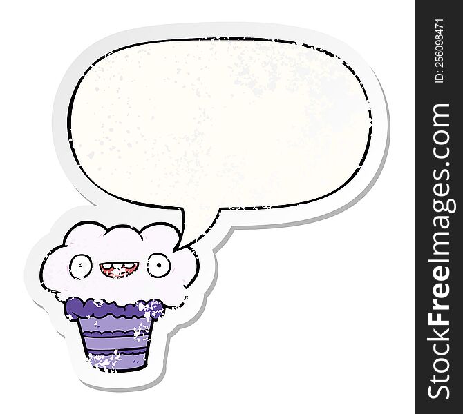 Funny Cartoon Cupcake And Speech Bubble Distressed Sticker