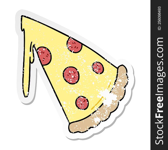 Distressed Sticker Of A Quirky Hand Drawn Cartoon Slice Of Pizza