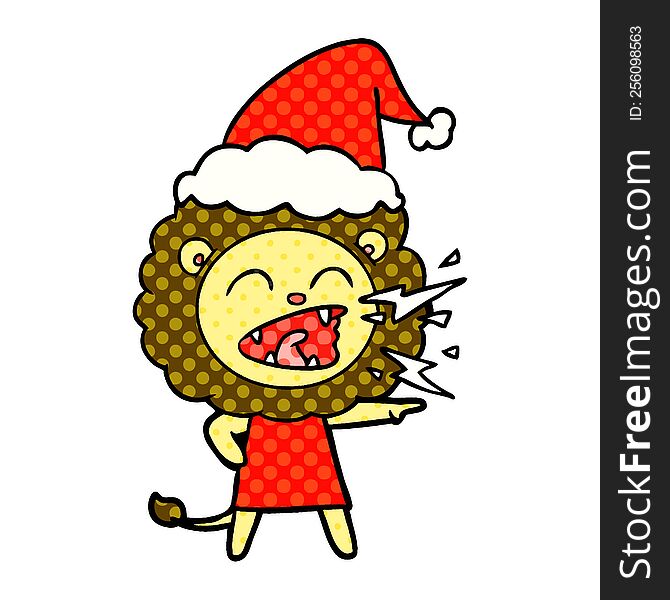 hand drawn comic book style illustration of a roaring lion girl wearing santa hat
