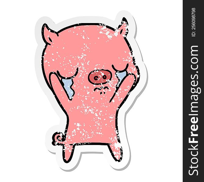 Distressed Sticker Of A Cartoon Pig Crying