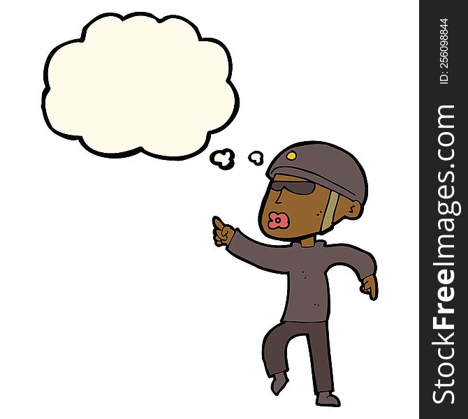 cartoon man in bike helmet pointing with thought bubble