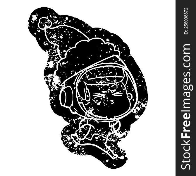 quirky cartoon distressed icon of a stressed astronaut wearing santa hat