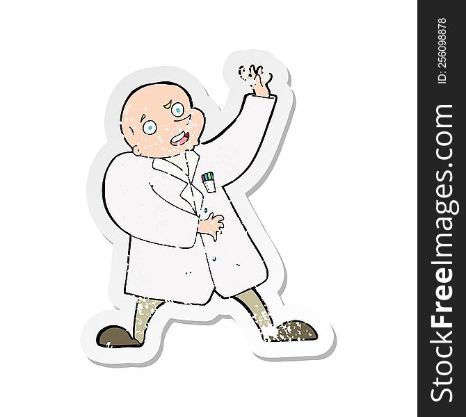 retro distressed sticker of a cartoon mad scientist