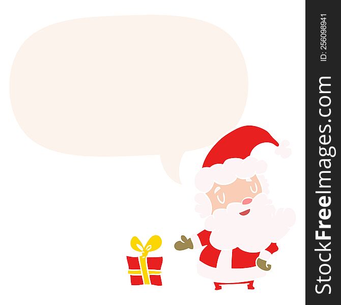 cartoon santa claus with present with speech bubble in retro style. cartoon santa claus with present with speech bubble in retro style