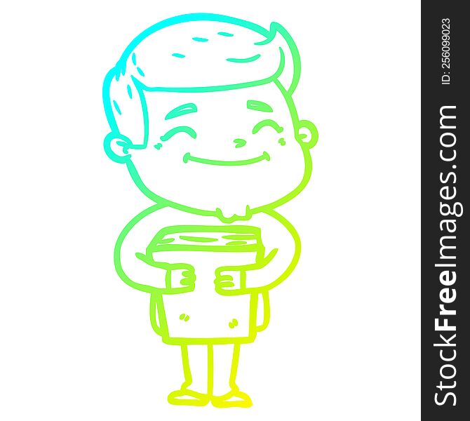 cold gradient line drawing happy cartoon man holding book