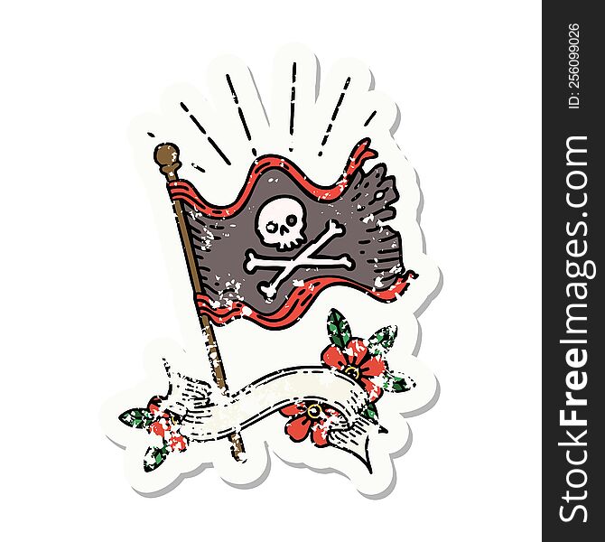 worn old sticker of a tattoo style waving pirate flag. worn old sticker of a tattoo style waving pirate flag