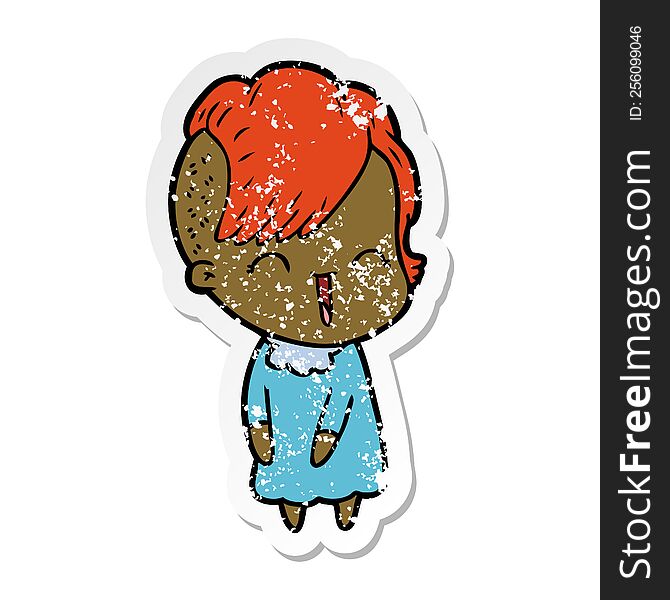 Distressed Sticker Of A Happy Cartoon Hipster Girl