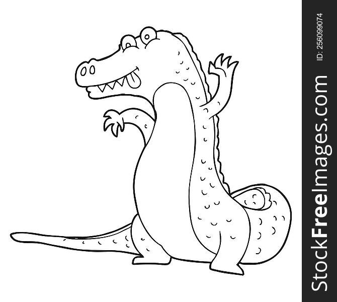 freehand drawn black and white cartoon crocodile