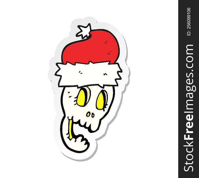 Sticker Of A Cartoon Christmas Hat On Skull
