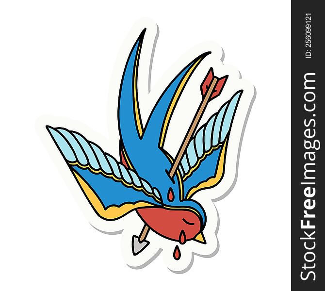 tattoo style sticker of a swallow pierced by arrow