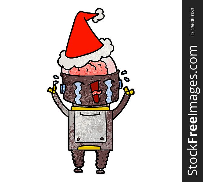 Textured Cartoon Of A Crying Robot Wearing Santa Hat