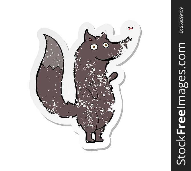 Retro Distressed Sticker Of A Cartoon Waving Wolf