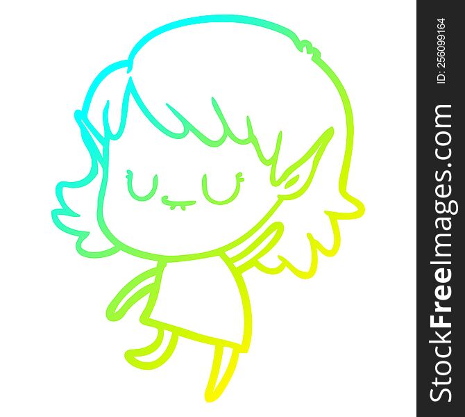 cold gradient line drawing of a happy cartoon elf girl wearing dress
