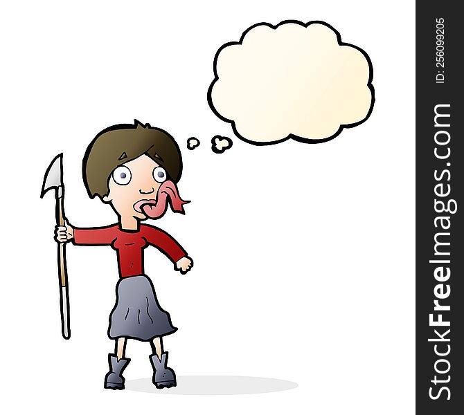 Cartoon Woman With Spear Sticking Out Tongue With Thought Bubble