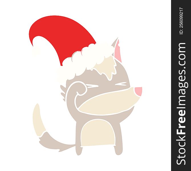 tired wolf flat color style cartoon wearing xmas hat