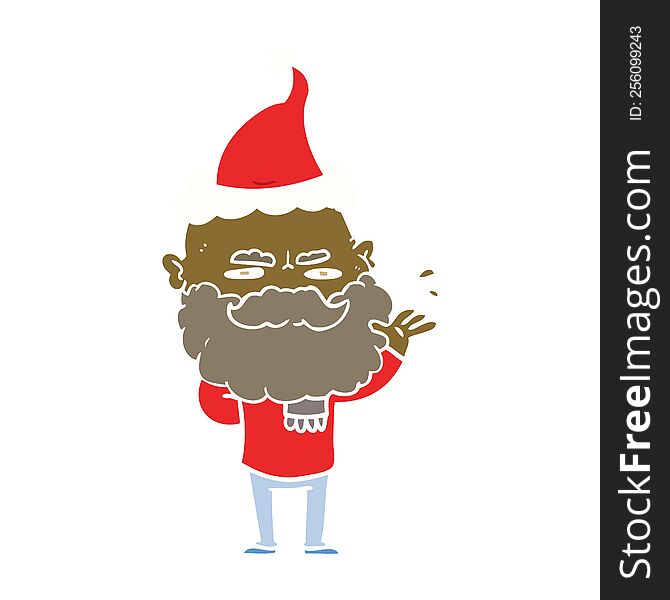 Flat Color Illustration Of A Dismissive Man With Beard Frowning Wearing Santa Hat