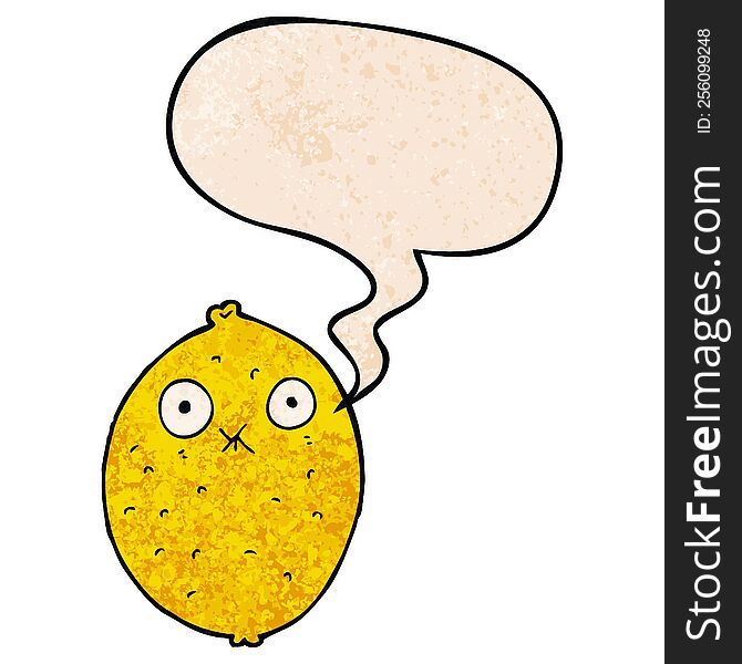 cartoon bitter lemon with speech bubble in retro texture style