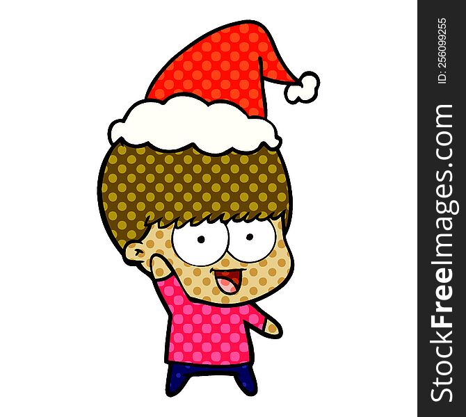 happy hand drawn comic book style illustration of a boy waving wearing santa hat