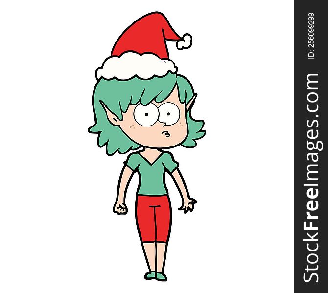 Line Drawing Of A Elf Girl Staring Wearing Santa Hat