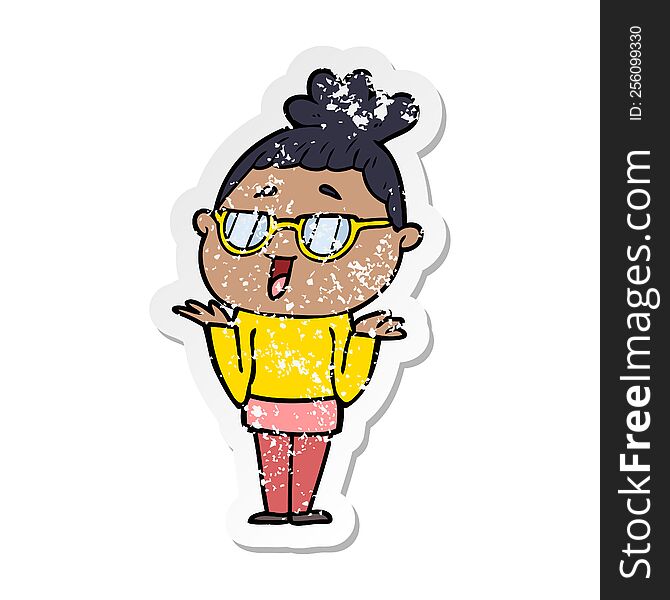 Distressed Sticker Of A Cartoon Happy Woman Wearing Spectacles