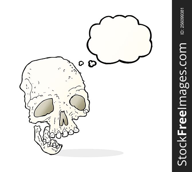 cartoon ancient spooky skull with thought bubble