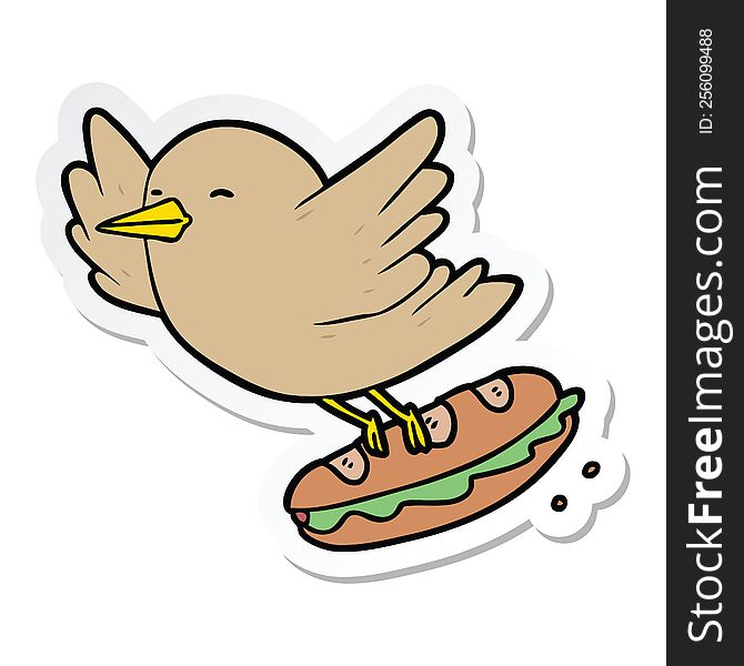 sticker of a cartoon bird stealing sandwich