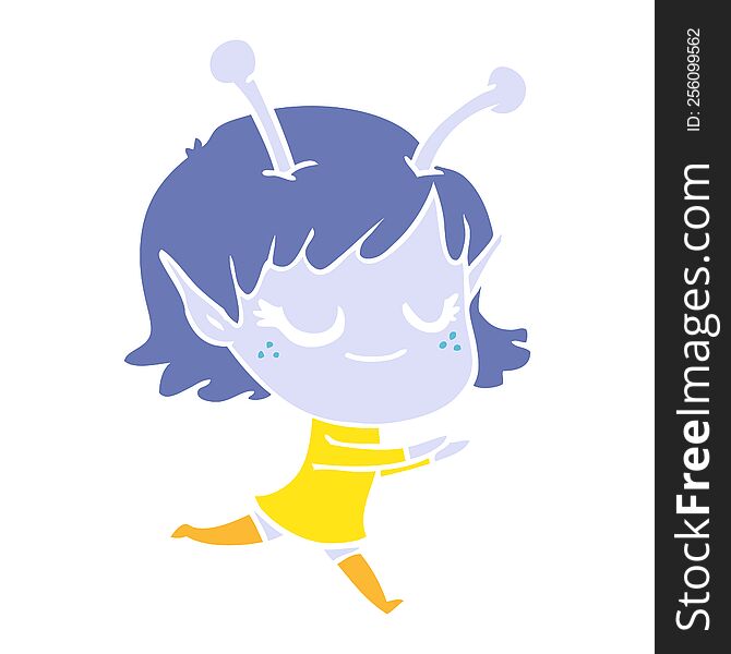 Smiling Alien Girl Flat Color Style Cartoon