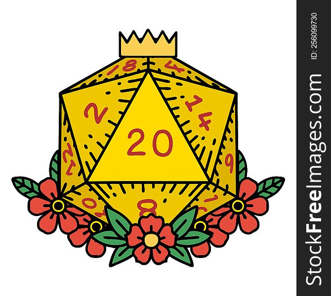 natural 20 D20 dice roll with floral elements illustration