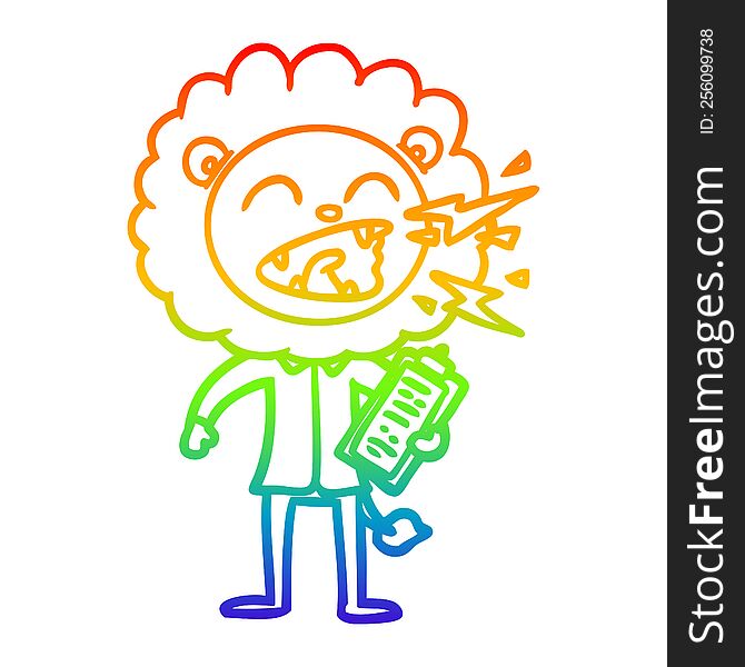 rainbow gradient line drawing of a cartoon roaring lion doctor