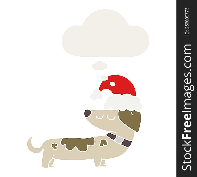 Cartoon Dog Wearing Christmas Hat And Thought Bubble In Retro Style