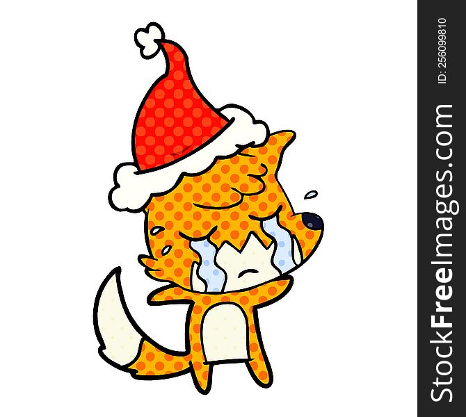 crying fox hand drawn comic book style illustration of a wearing santa hat. crying fox hand drawn comic book style illustration of a wearing santa hat