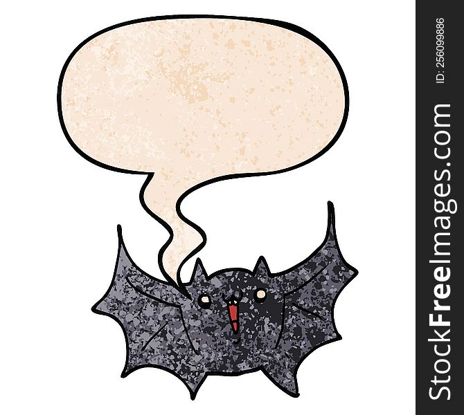 Cartoon Happy Vampire Bat And Speech Bubble In Retro Texture Style