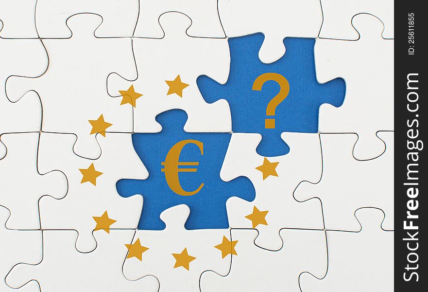 Euro jigsaw puzzle with a currency symbol and question mark. Euro jigsaw puzzle with a currency symbol and question mark