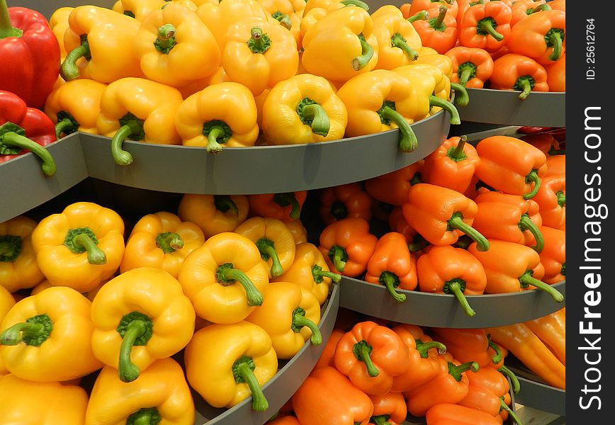Display of fresh sweet peppers. Display of fresh sweet peppers.