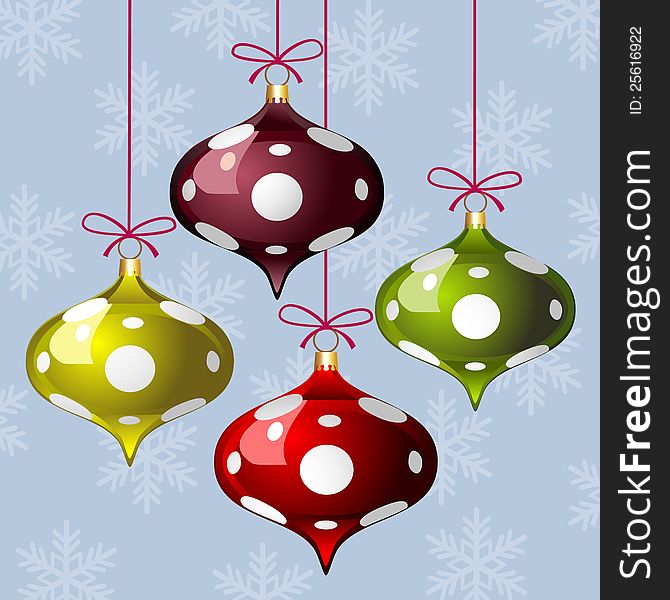 Christmas background with three colorful polka dot balls and snowflakes