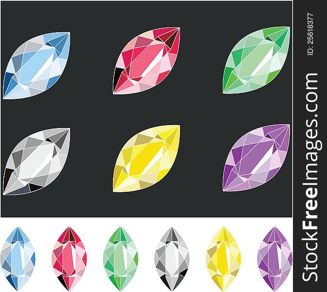 Set from six multi-colored crystals the isolated on black and white background. Set from six multi-colored crystals the isolated on black and white background