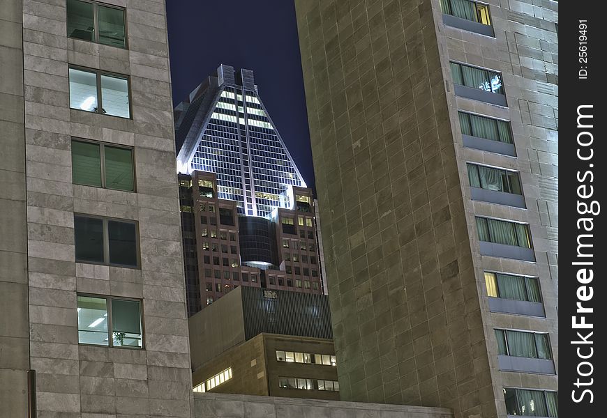 Buildings at night beetween the queen hotel  blue hour