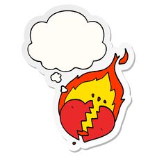 Cartoon Flaming Heart And Thought Bubble As A Printed Sticker Stock Photo