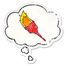 Cartoon Flaming Torch And Thought Bubble As A Distressed Worn Sticker Royalty Free Stock Images