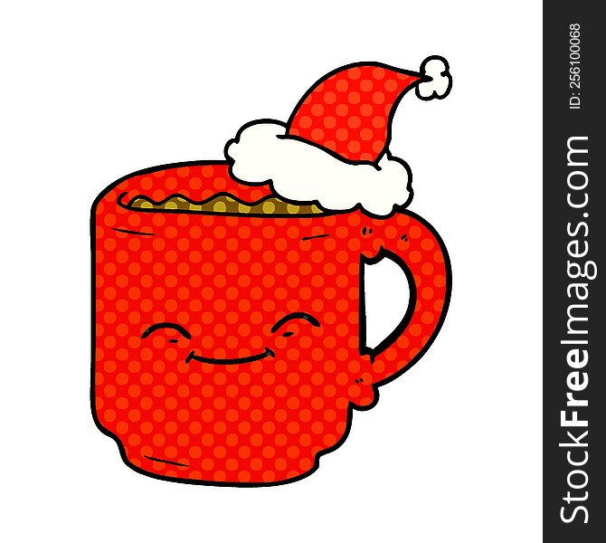 hand drawn comic book style illustration of a coffee mug wearing santa hat