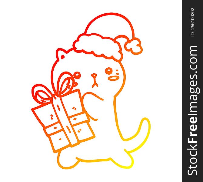 Warm Gradient Line Drawing Cute Cartoon Cat Carrying Christmas Present