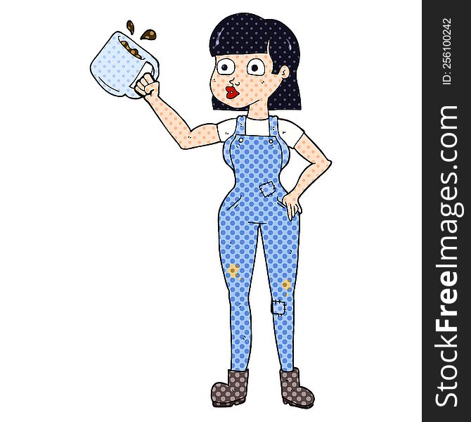 freehand drawn cartoon female worker with coffee mug